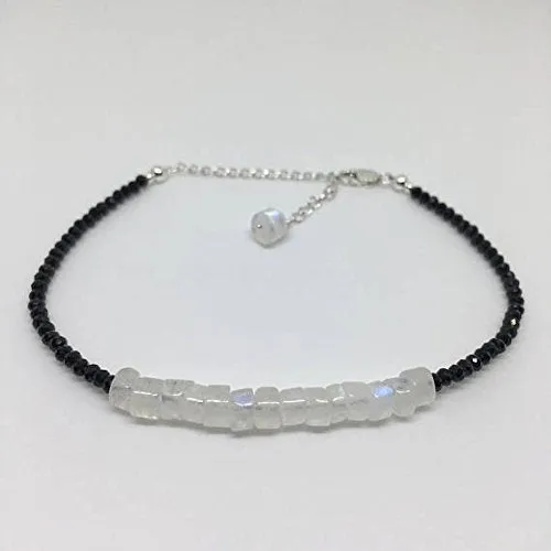 925 sterling Silver Unique Wedding Gift 4x2-5x3mm stacking Black & White Rainbow Moonstone and Black Spinel Bracelet Rondelle, Faceted & Smooth 7" for mens, womens, gf, bf & Adult.