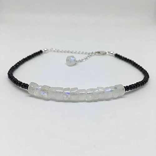 925 sterling Silver Unique Wedding Gift 4x2-5x3mm stacking Black & White Rainbow Moonstone and Black Spinel Bracelet Rondelle, Faceted & Smooth 7" for mens, womens, gf, bf & Adult.