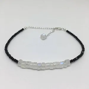 925 sterling Silver Unique Wedding Gift 4x2-5x3mm stacking Black & White Rainbow Moonstone and Black Spinel Bracelet Rondelle, Faceted & Smooth 7" for mens, womens, gf, bf & Adult.