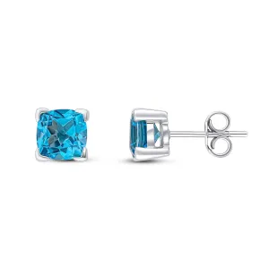 9ct White Gold Swiss Blue Topaz Cushion Stud Earrings 2.40ct