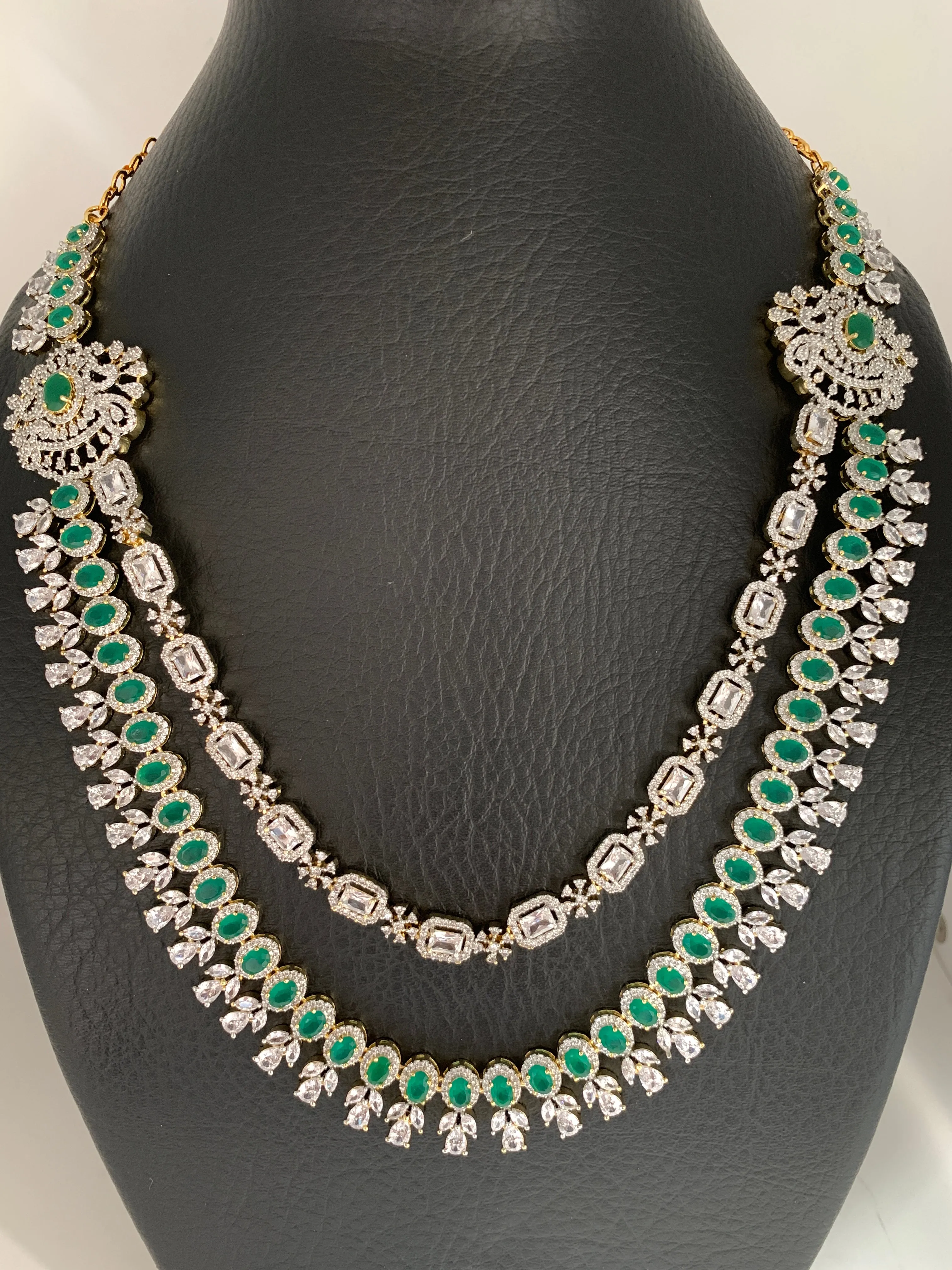 AD Emerald Green Stone Double Line Long Necklace
