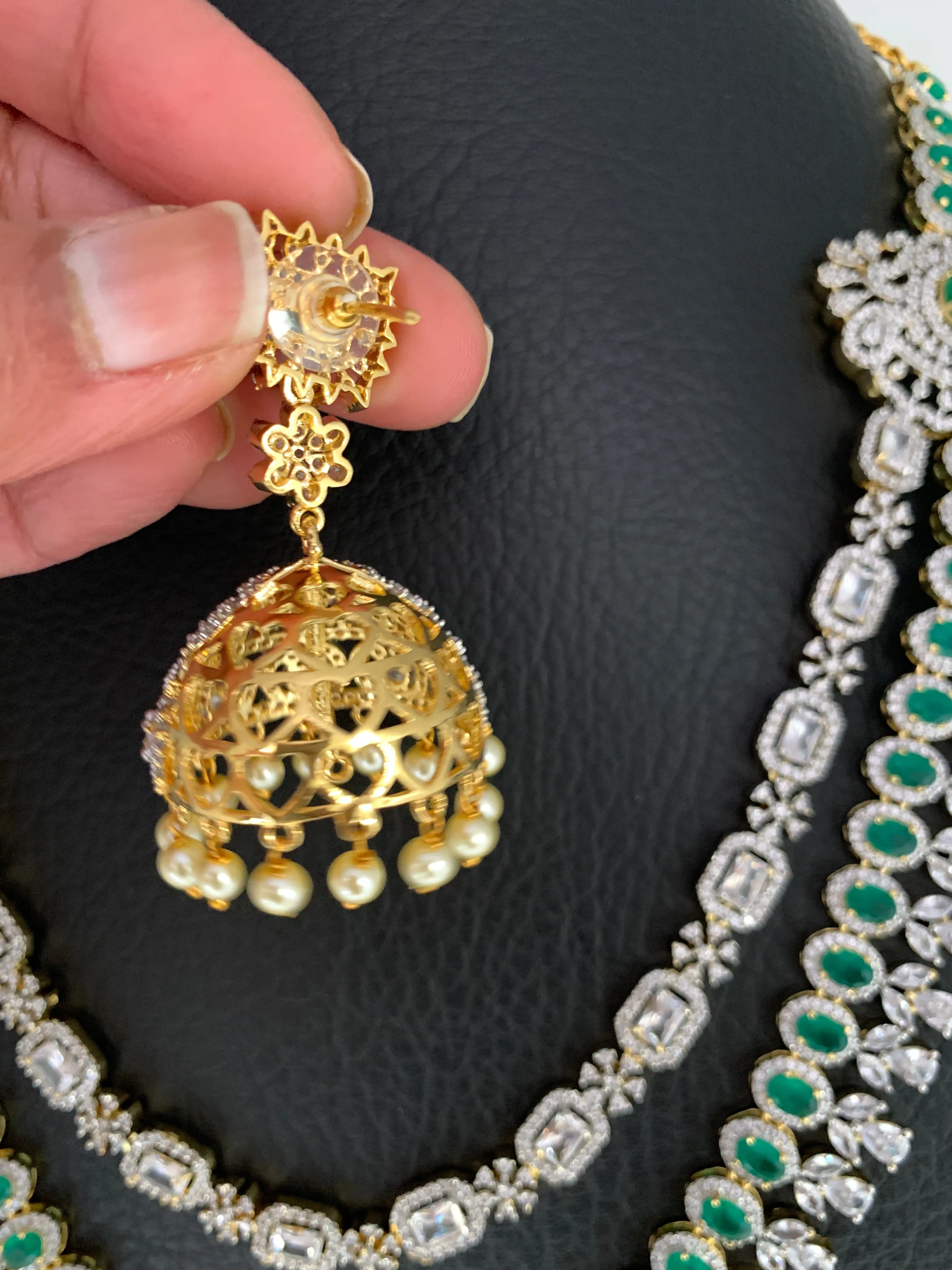 AD Emerald Green Stone Double Line Long Necklace