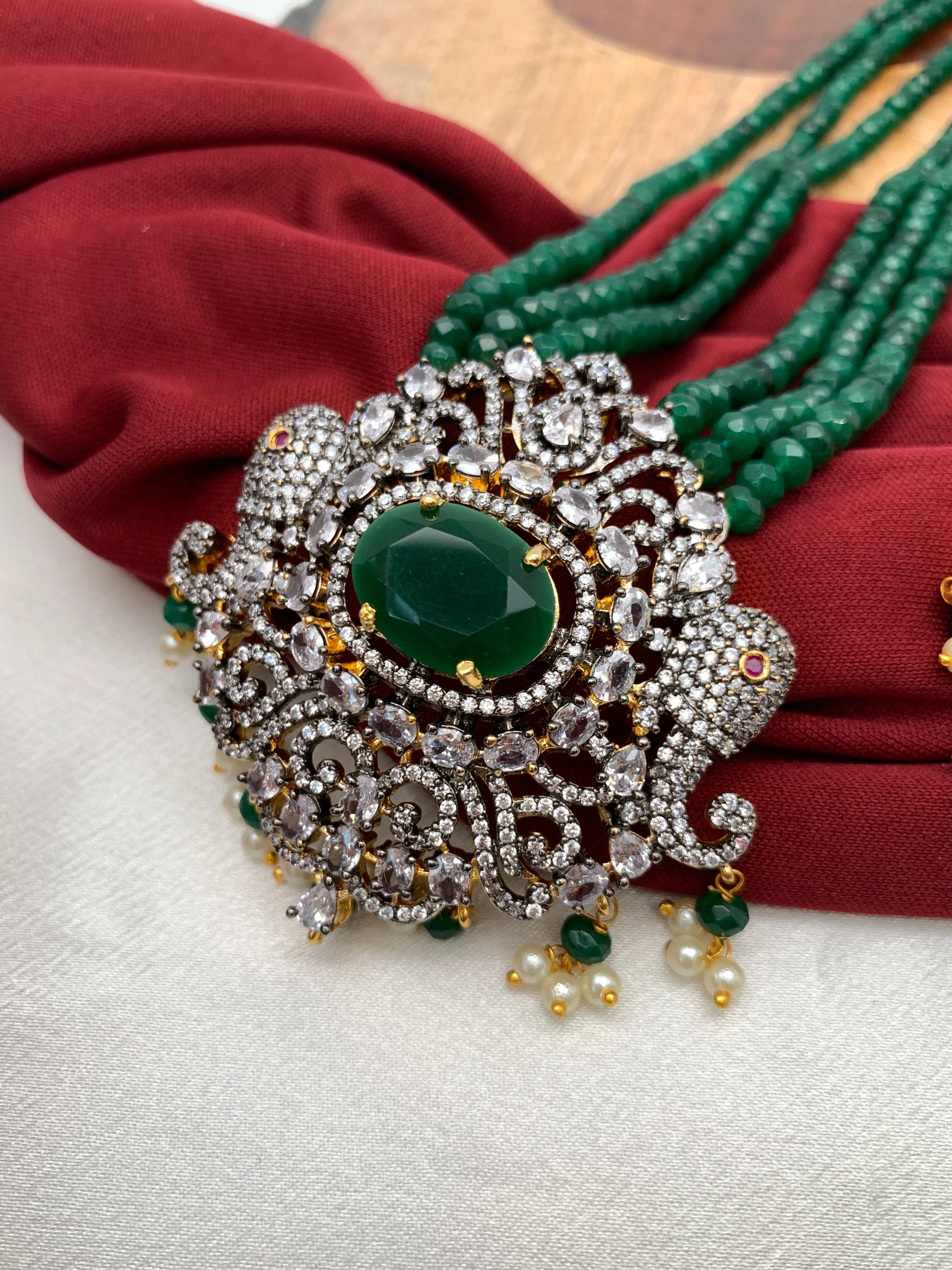 AD Green Stone Elephant Pendent Emerald Beads Mala