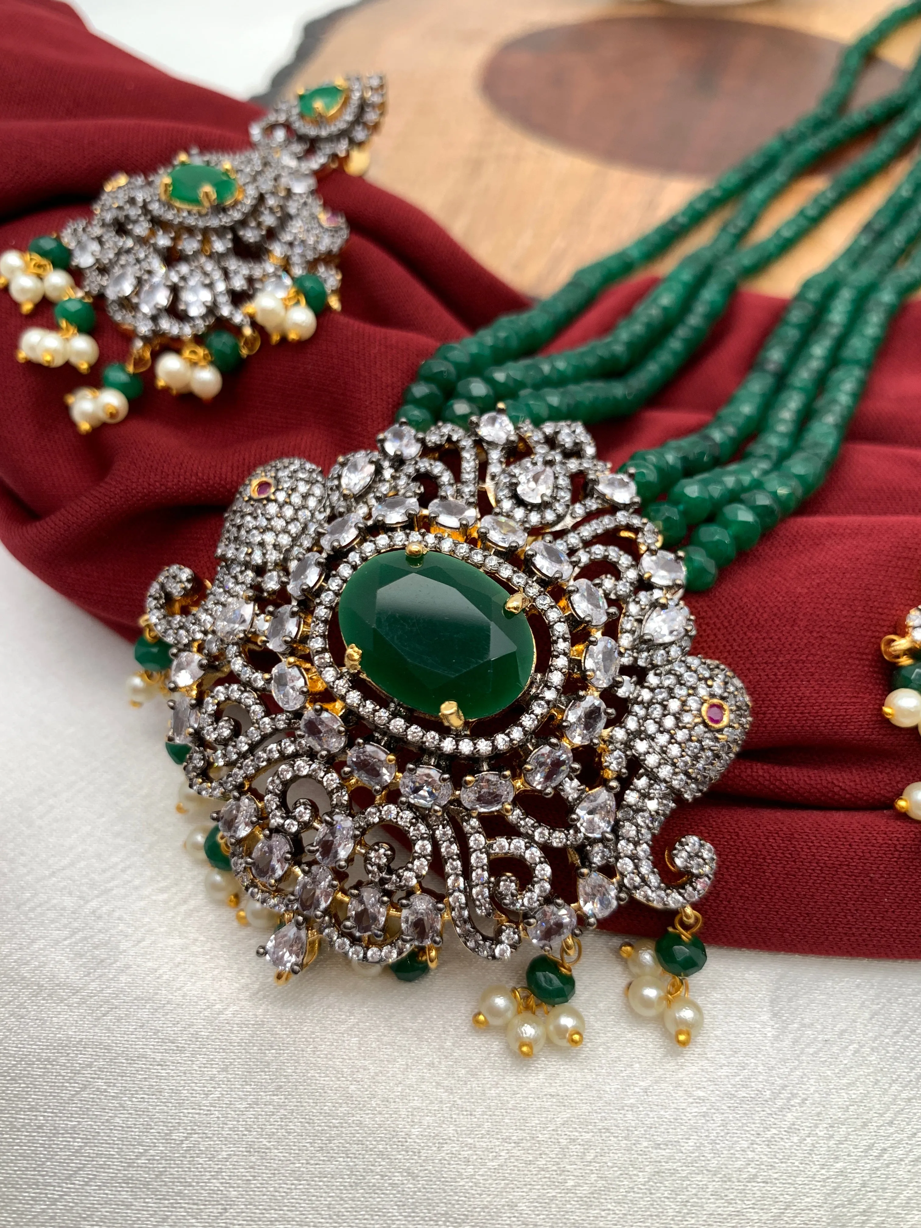 AD Green Stone Elephant Pendent Emerald Beads Mala