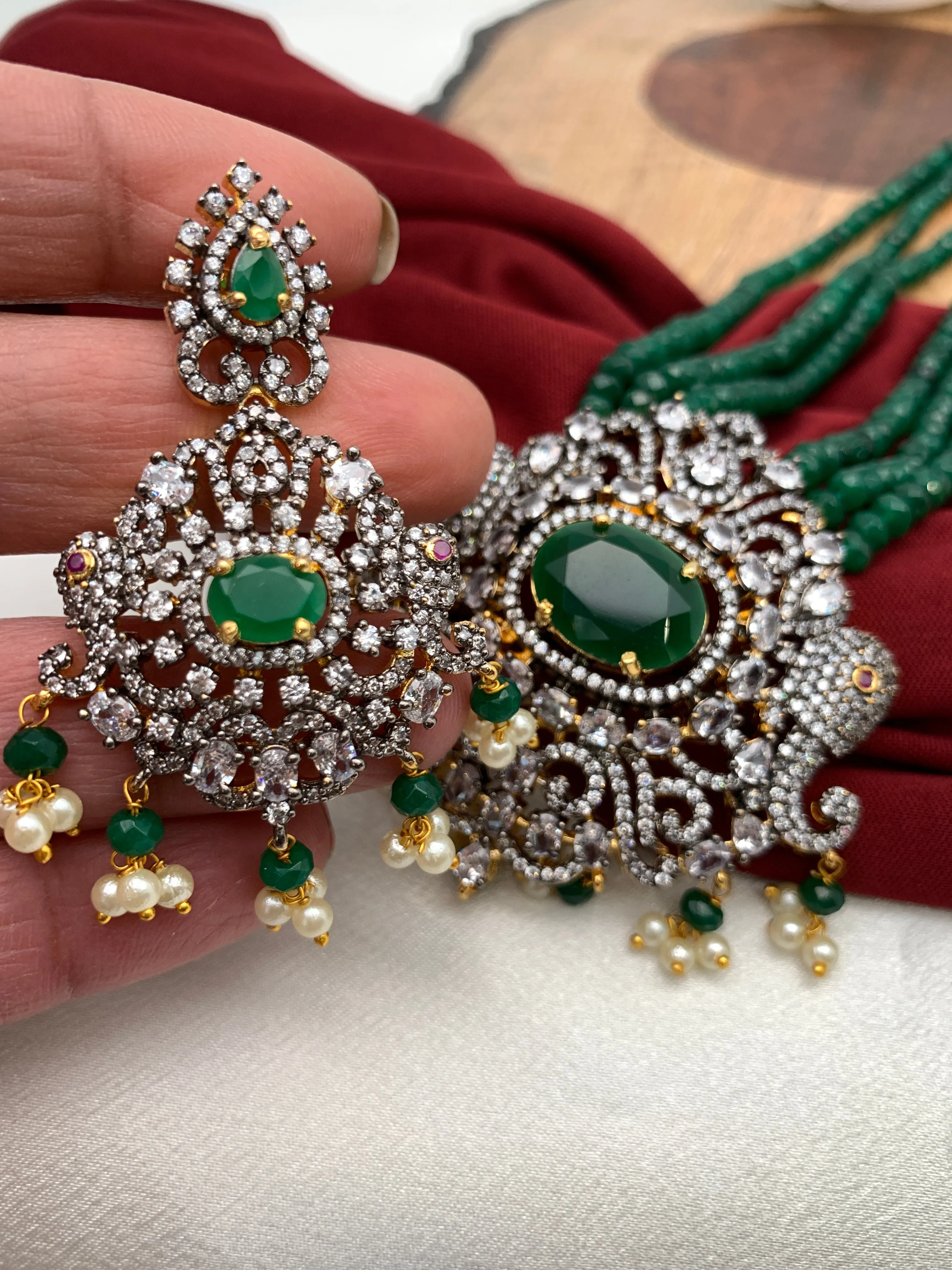 AD Green Stone Elephant Pendent Emerald Beads Mala