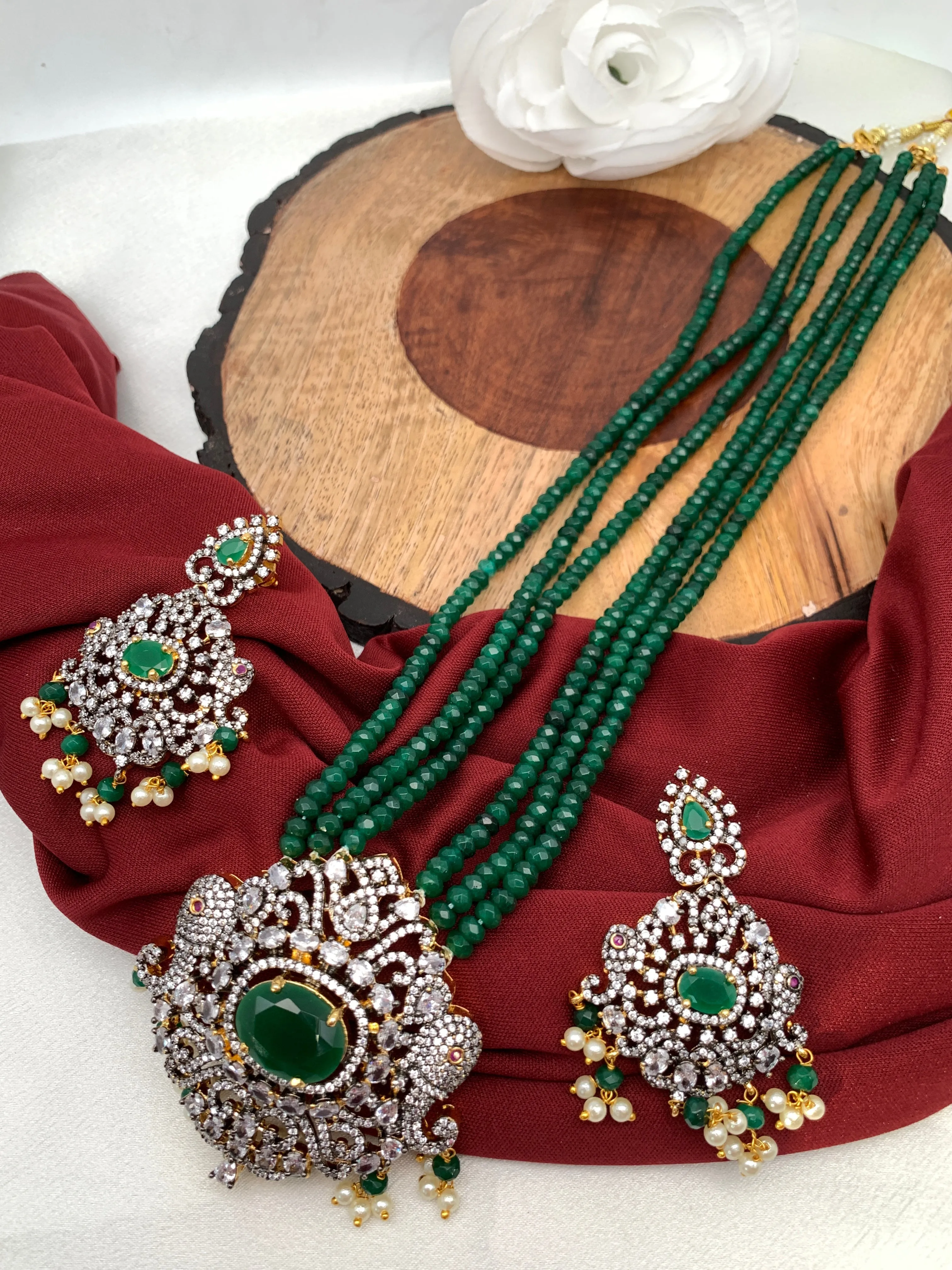 AD Green Stone Elephant Pendent Emerald Beads Mala
