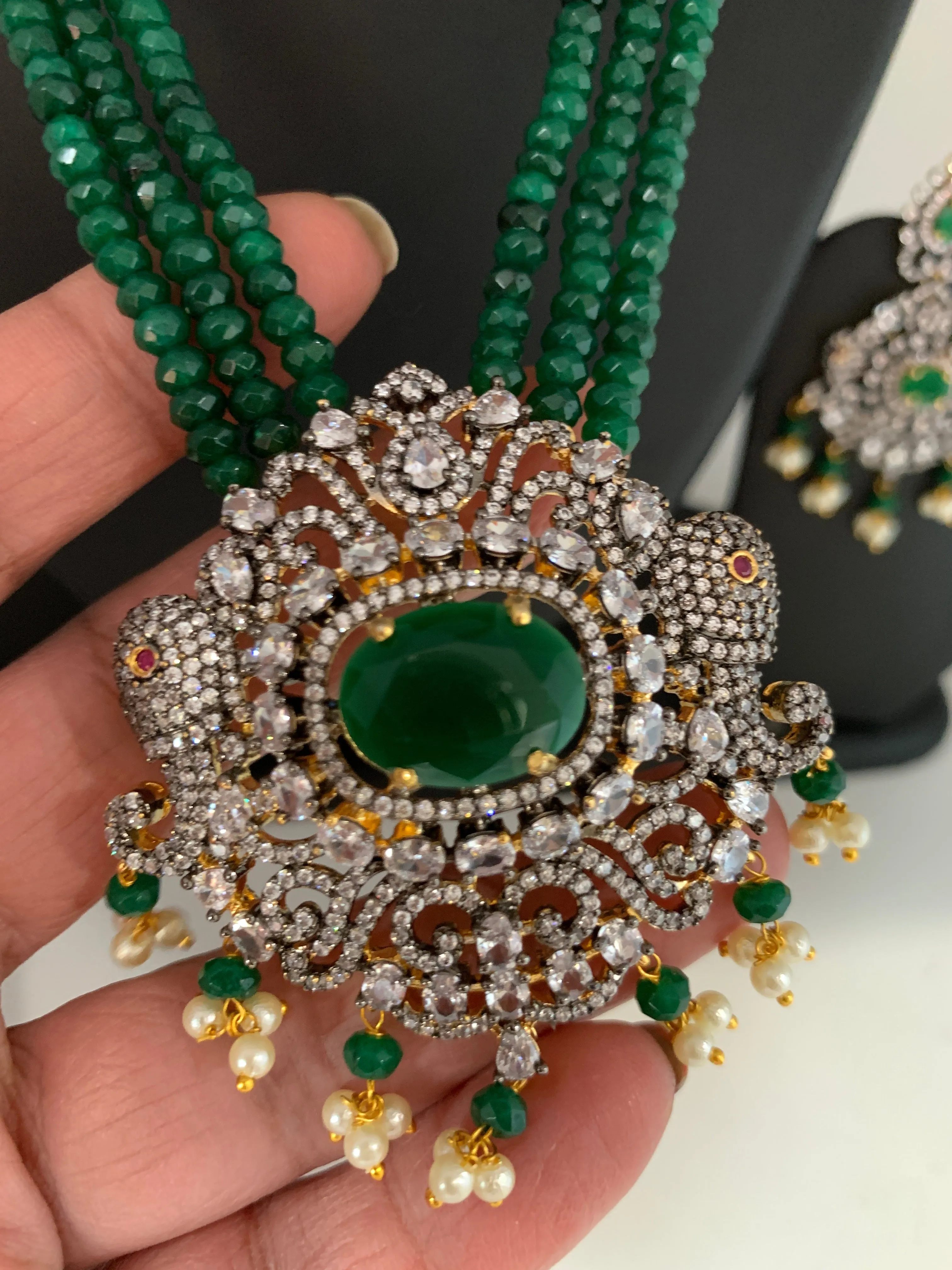 AD Green Stone Elephant Pendent Emerald Beads Mala