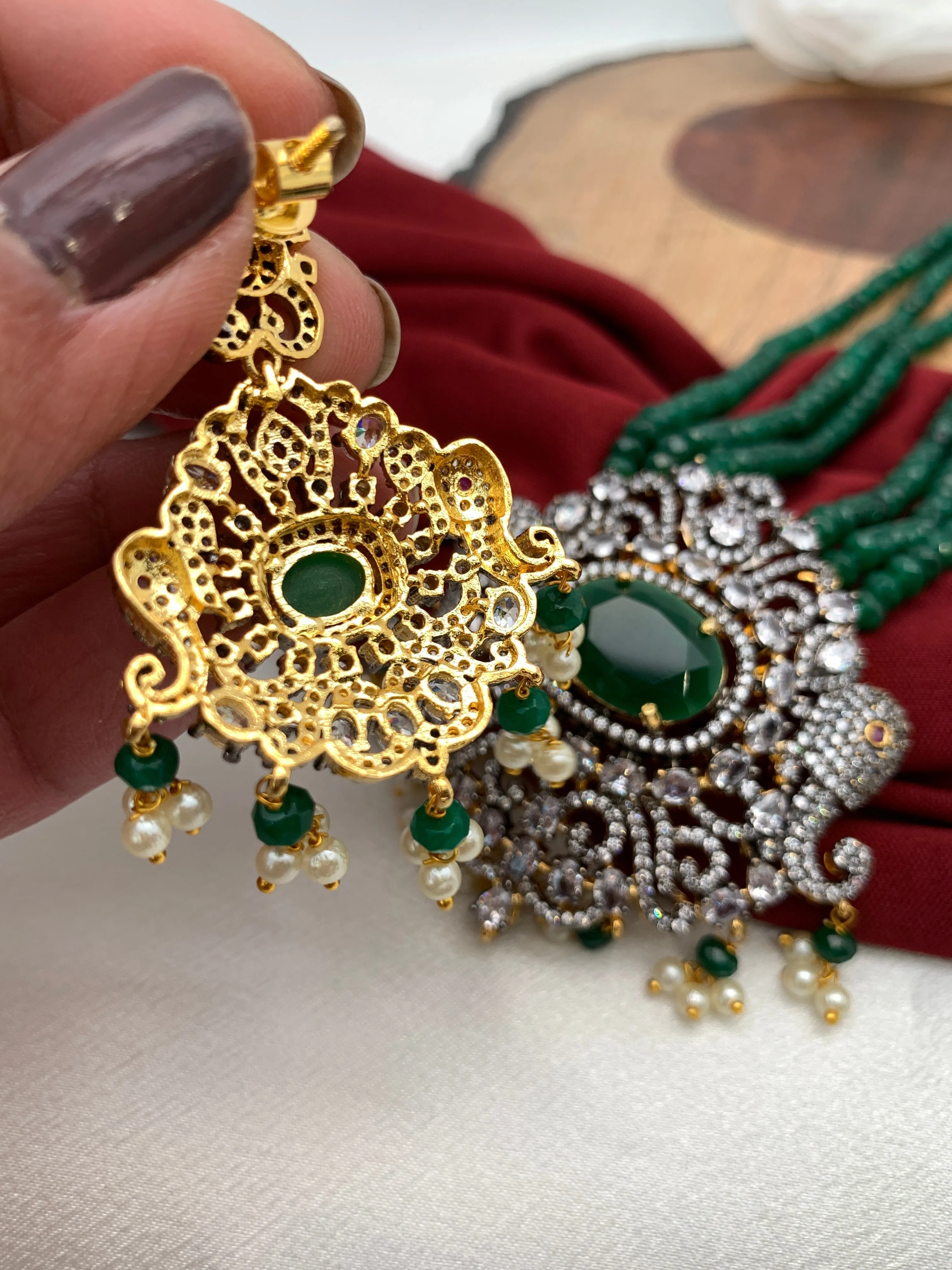AD Green Stone Elephant Pendent Emerald Beads Mala