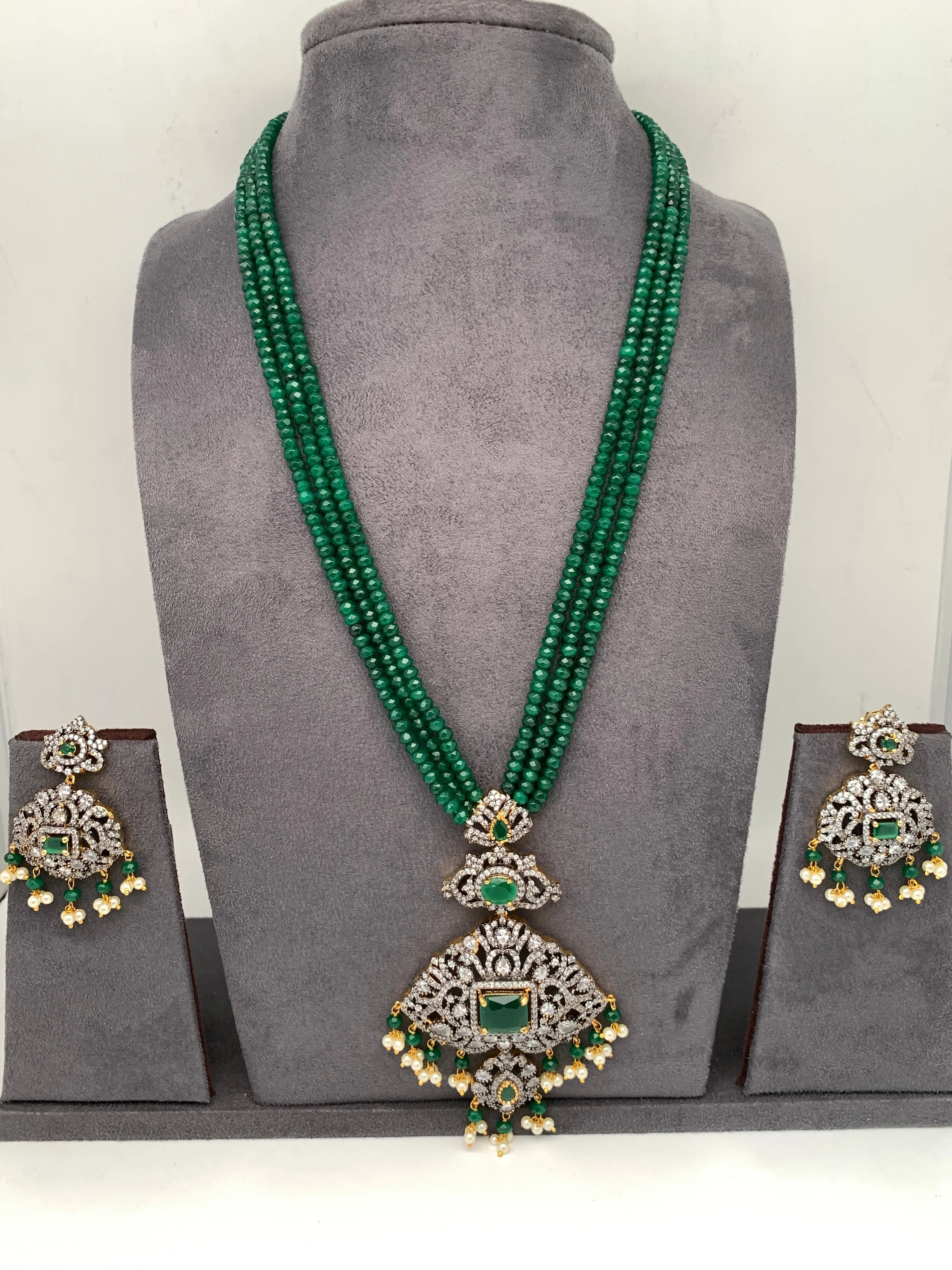 AD Green Stone Pendent Emerald Beads Mala