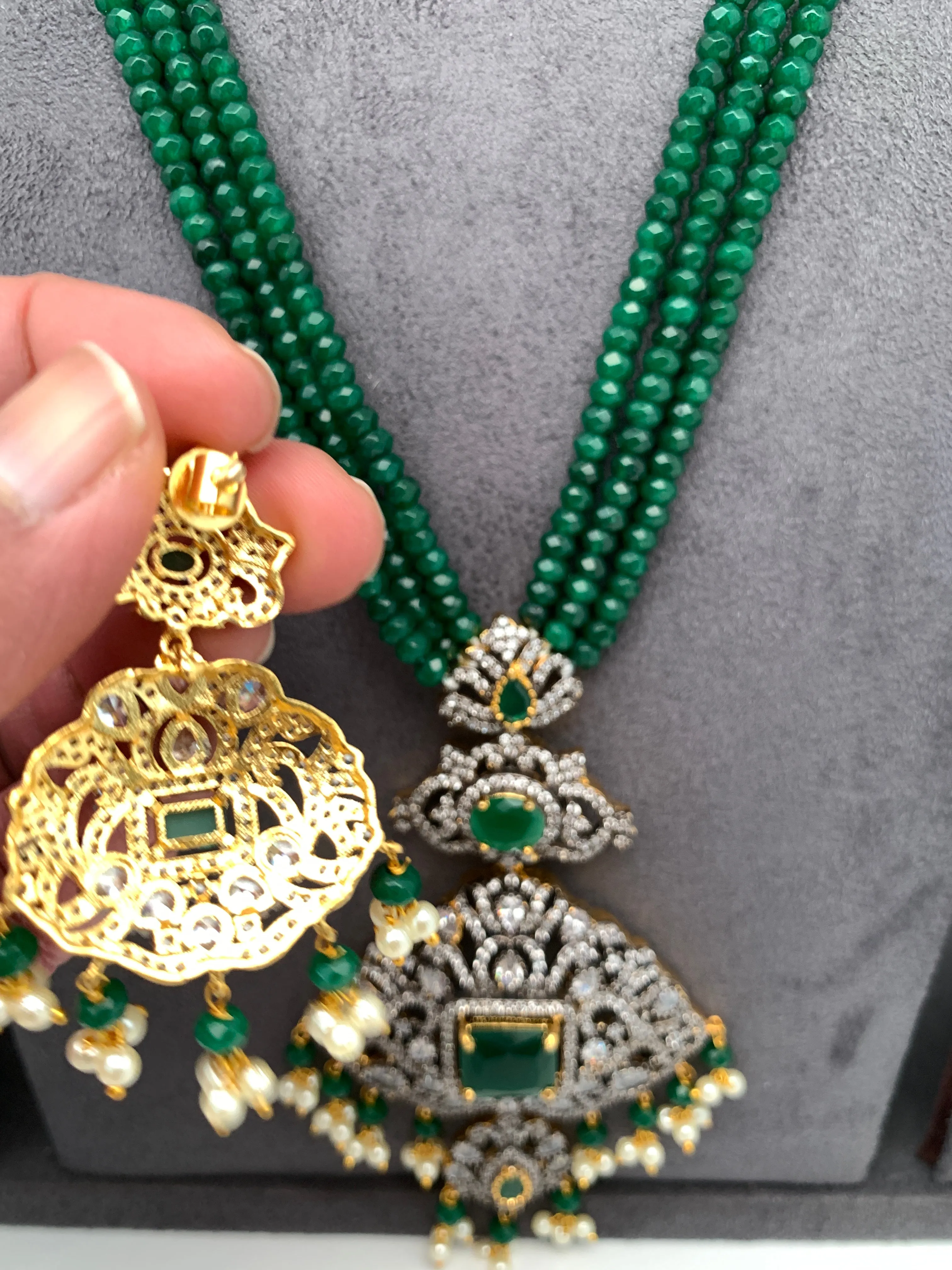 AD Green Stone Pendent Emerald Beads Mala