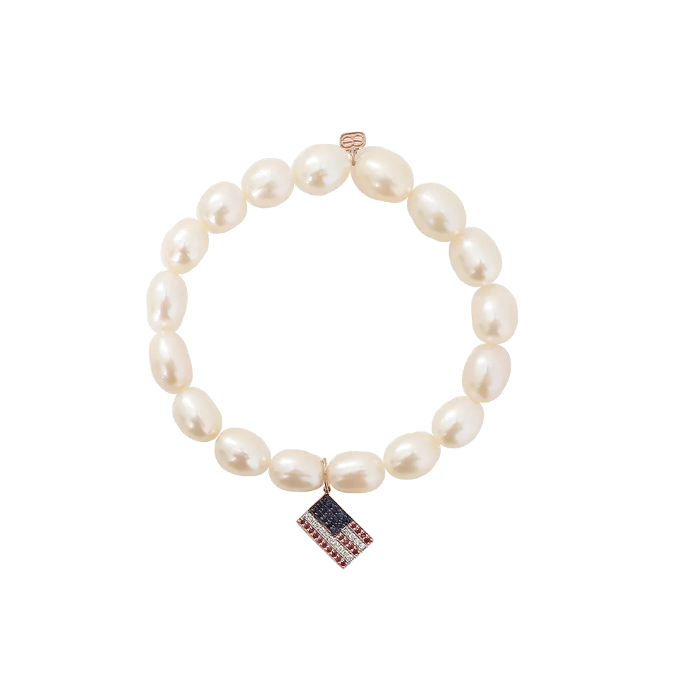 American Flag White Rice Pearl Beaded Bracelet