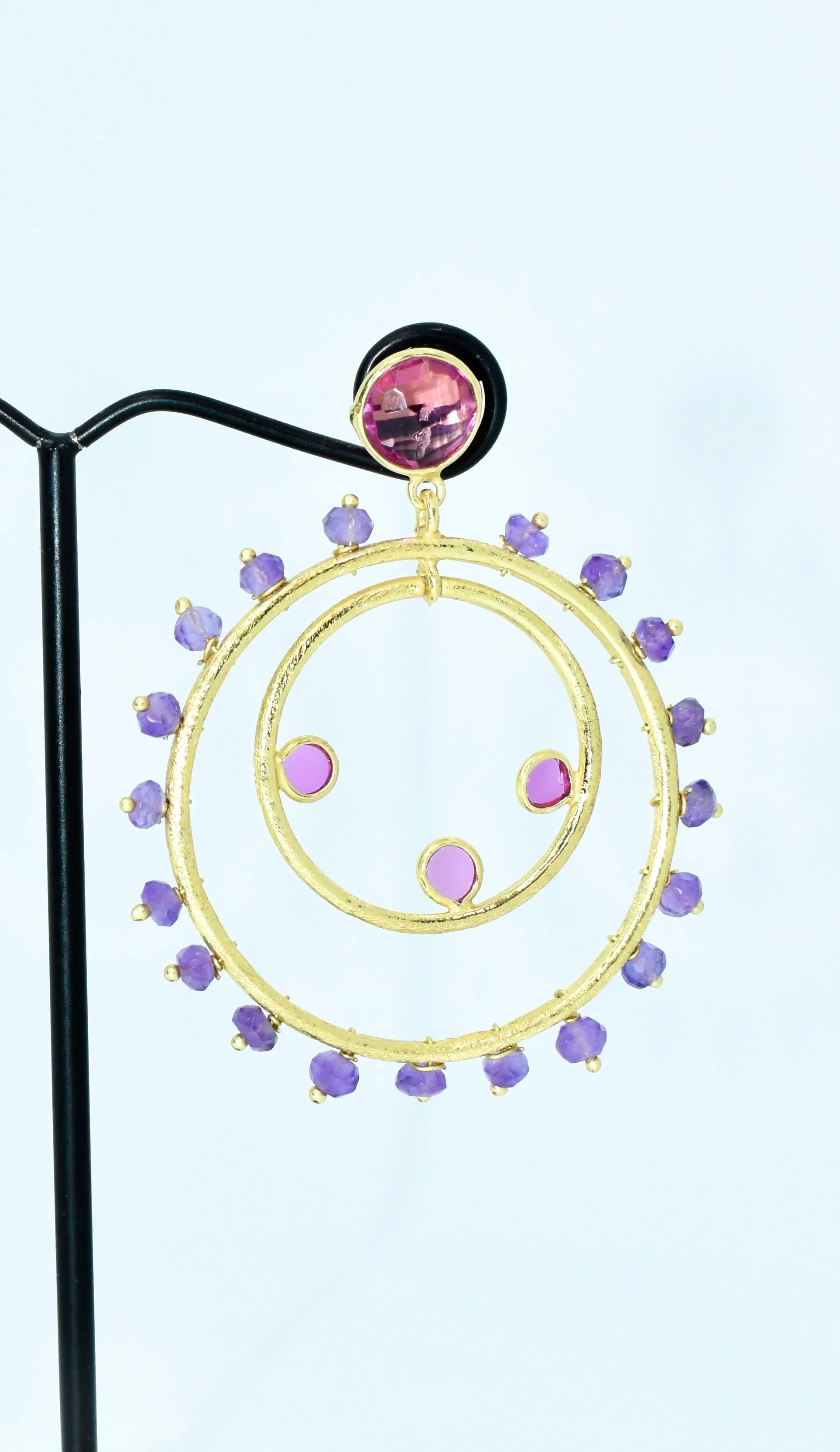 Amethyst & Pink Topaz Gold Hoop Earrings