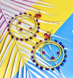 Amethyst & Pink Topaz Gold Hoop Earrings