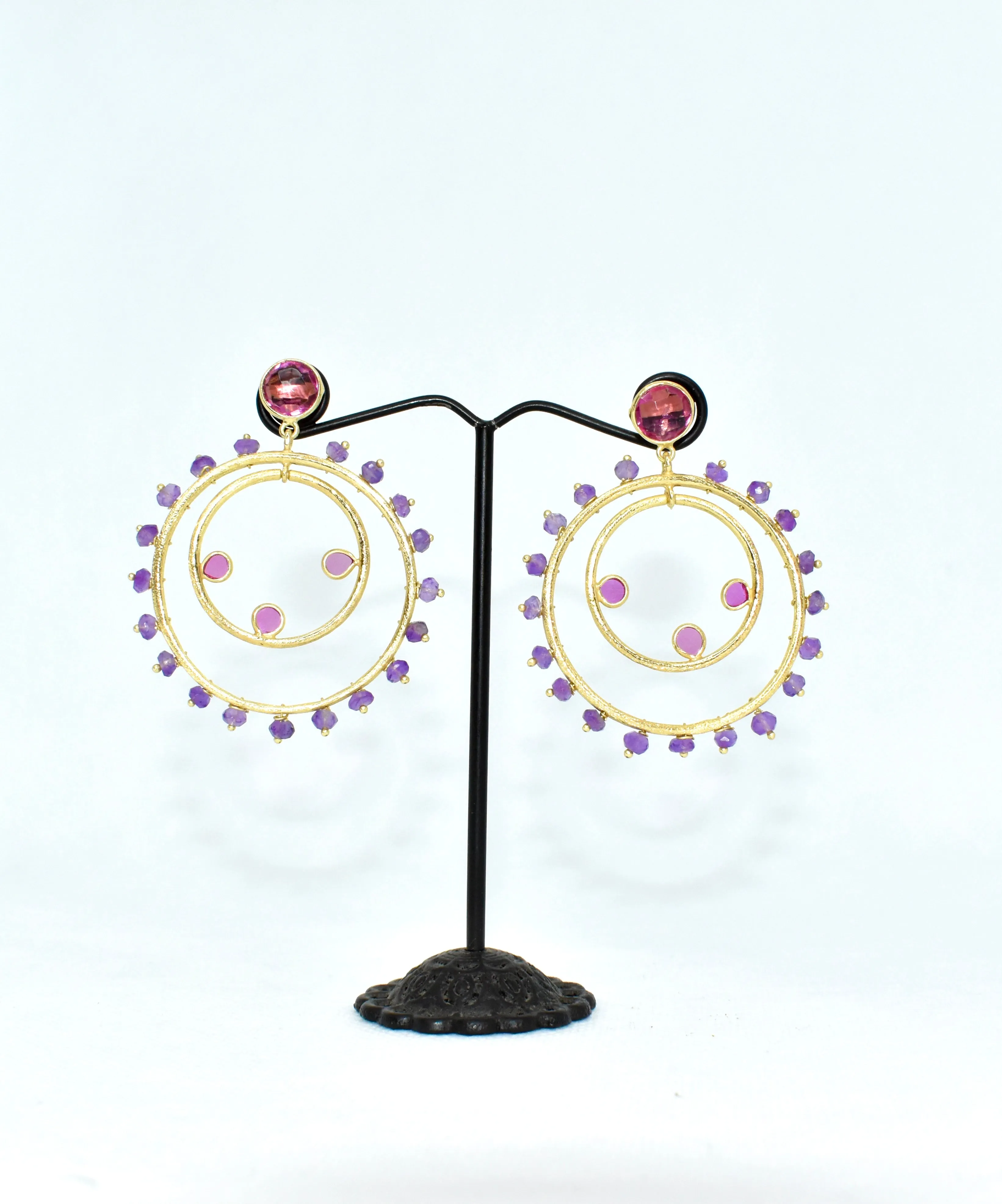 Amethyst & Pink Topaz Gold Hoop Earrings