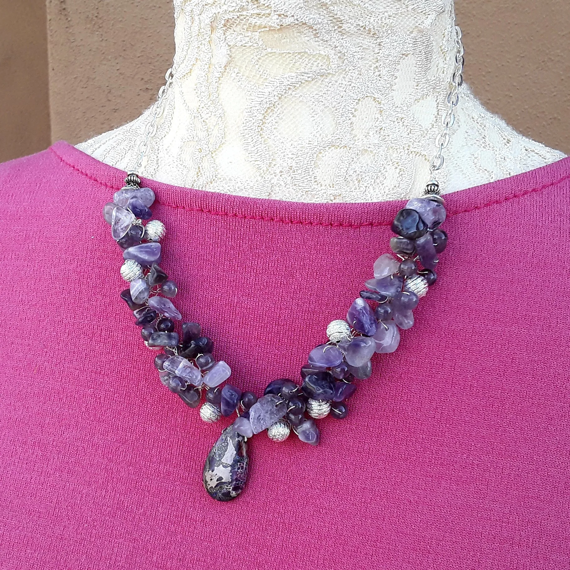 Amethyst Designer Inspired Statement Necklace - Cluster Gemstone Gift for Her