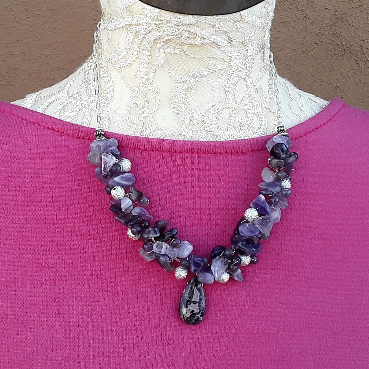 Amethyst Designer Inspired Statement Necklace - Cluster Gemstone Gift for Her