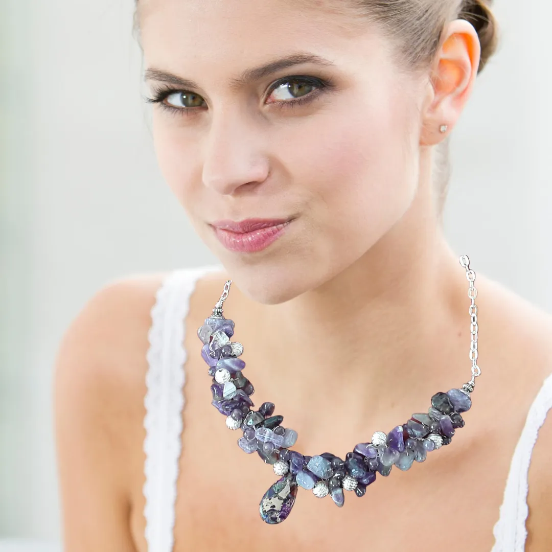 Amethyst Designer Inspired Statement Necklace - Cluster Gemstone Gift for Her