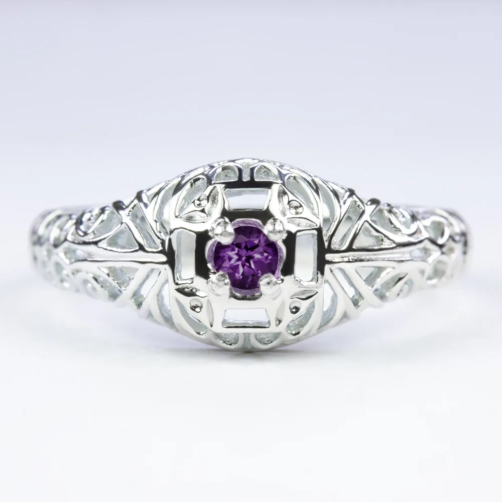 AMETHYST VINTAGE STYLE COCKTAIL RING STERLING SILVER DAINTY FILIGREE ROUND CUT