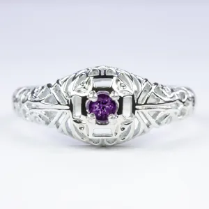 AMETHYST VINTAGE STYLE COCKTAIL RING STERLING SILVER DAINTY FILIGREE ROUND CUT
