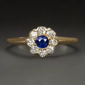 ANTIQUE SAPPHIRE DIAMOND COCKTAIL RING 14k ROSE GOLD HALO VICTORIAN CLUSTER