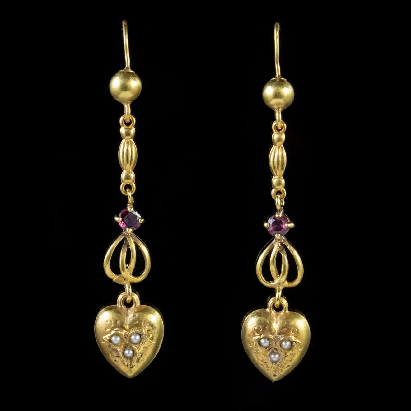 Antique Victorian Heart Drop Earrings Ruby Pearl 15Ct Gold Circa 1880