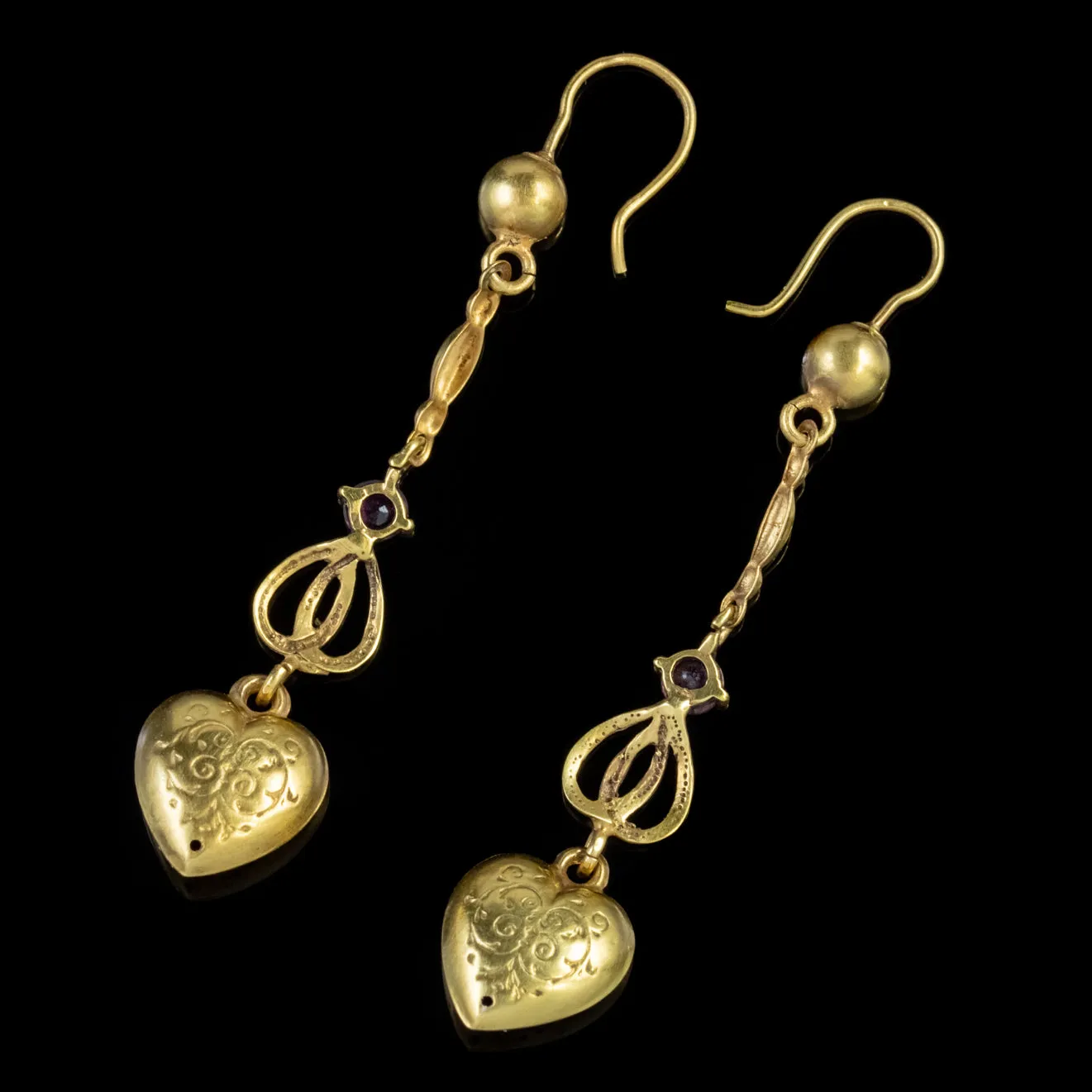 Antique Victorian Heart Drop Earrings Ruby Pearl 15Ct Gold Circa 1880