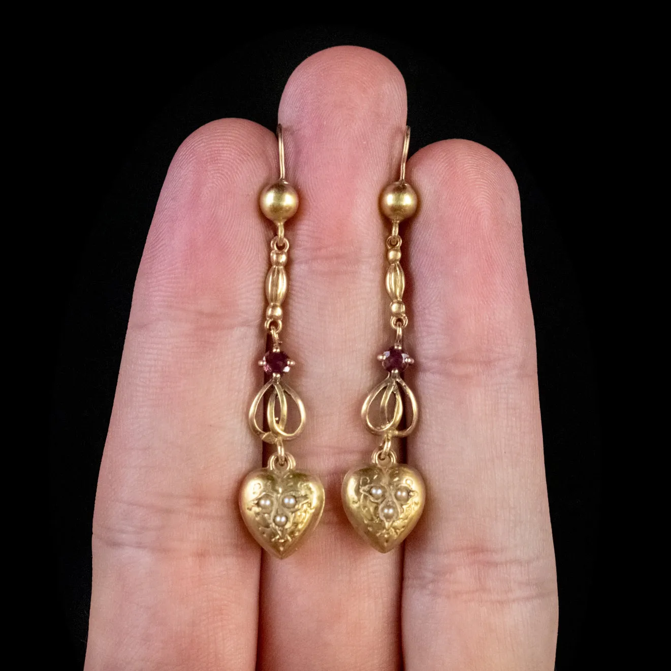 Antique Victorian Heart Drop Earrings Ruby Pearl 15Ct Gold Circa 1880
