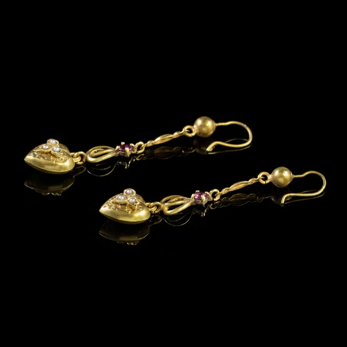 Antique Victorian Heart Drop Earrings Ruby Pearl 15Ct Gold Circa 1880