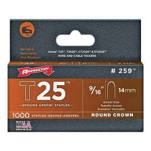Arrow T25 Series 259 Round Crown Staple, 5/16 in W Crown, 9/16 in L Leg