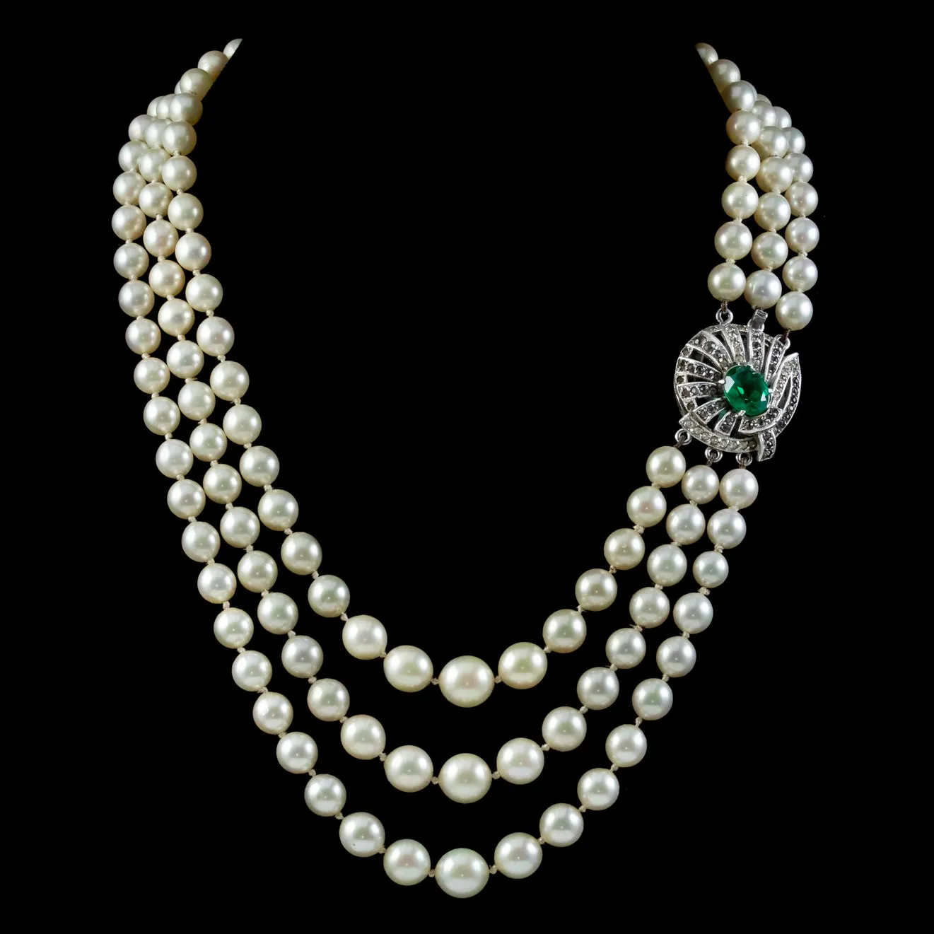 Art Deco Triple Strand Pearl Necklace Silver Paste Clasp Circa 1920
