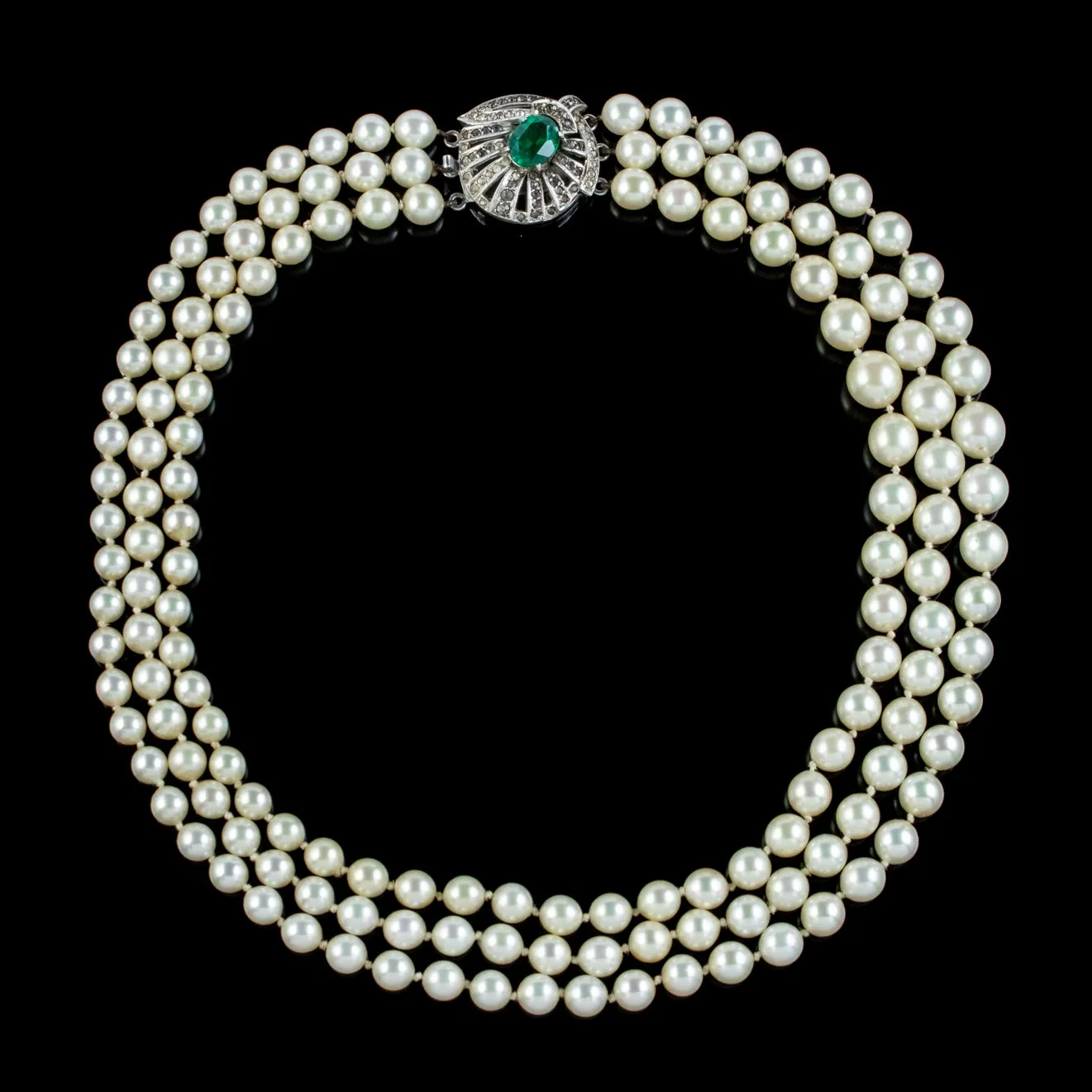 Art Deco Triple Strand Pearl Necklace Silver Paste Clasp Circa 1920