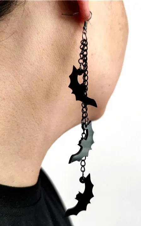 Black Acrylic See-Through Bat Hanging Chain Earrings