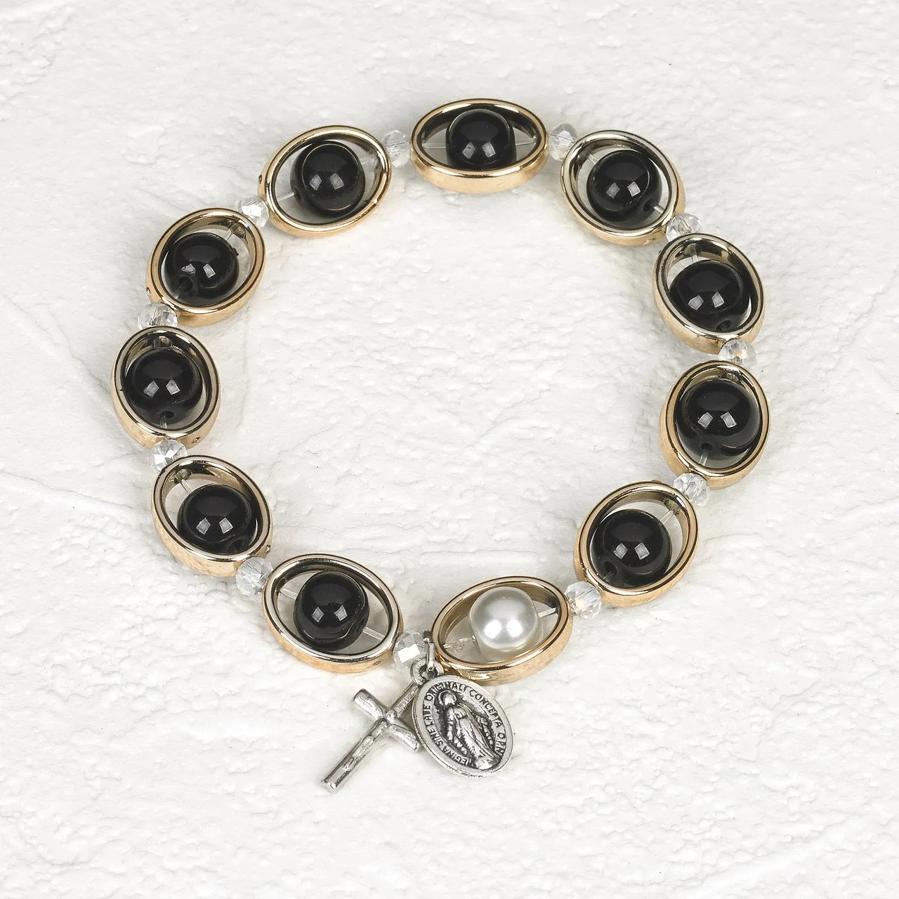Black and Gold Tone Oval Rosary Stretch Bracelet