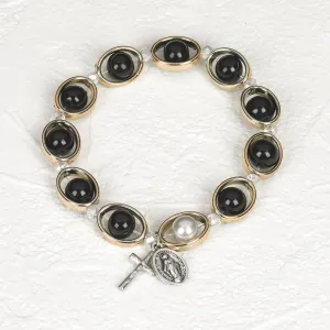 Black and Gold Tone Oval Rosary Stretch Bracelet