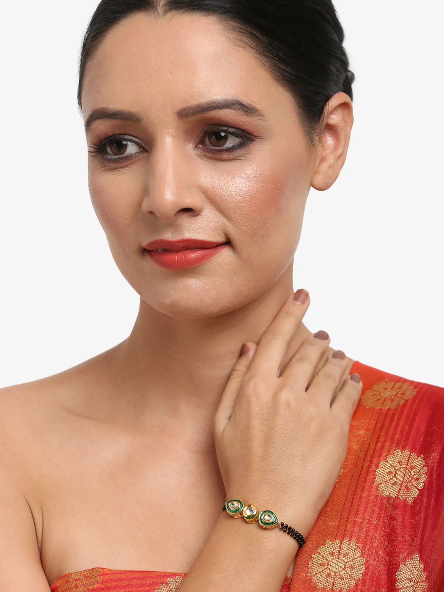 Black Gold-Plated Kundan Bracelet Mangalsutra - Ruby Raang