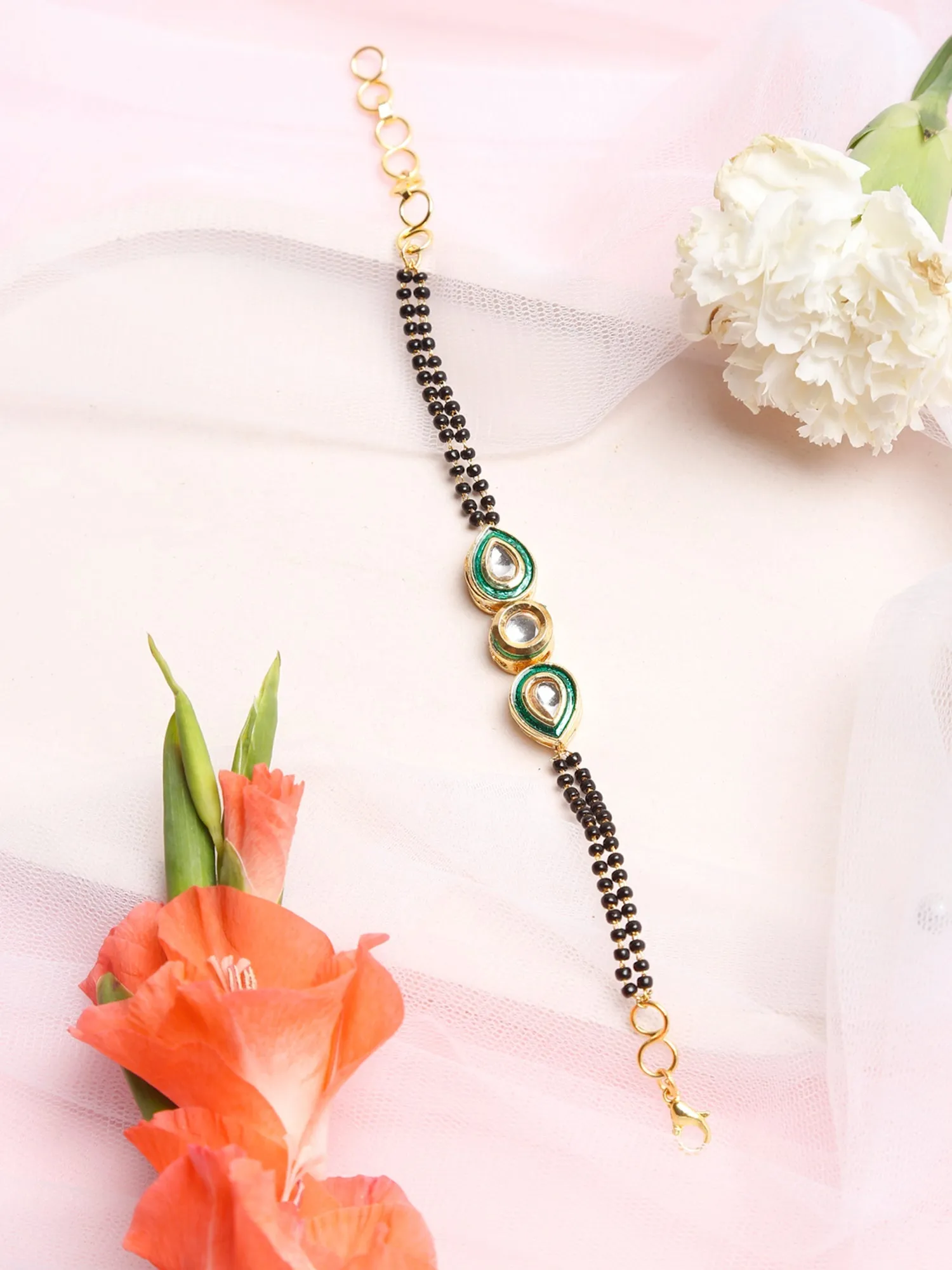 Black Gold-Plated Kundan Bracelet Mangalsutra - Ruby Raang