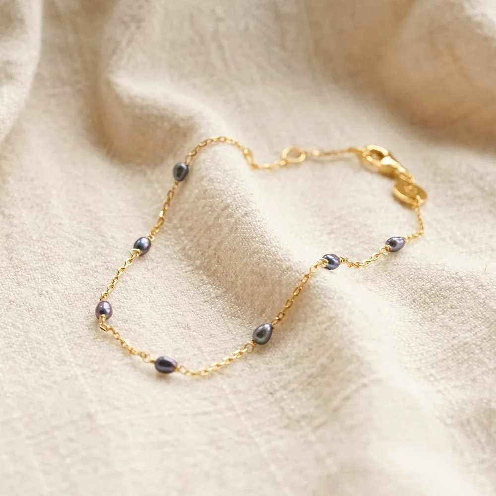 Black Seed Pearl Chain Bracelet 18ct Gold Plate