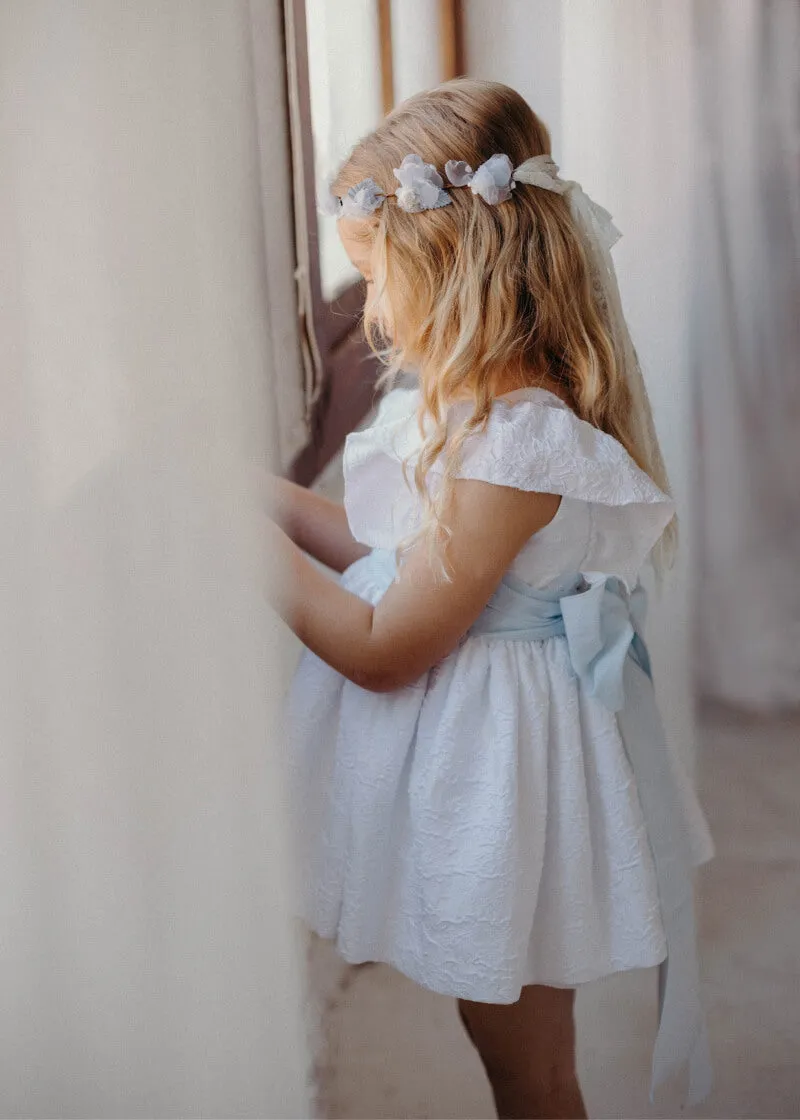 Ceremony Girls' Dress - White and Light Blue Brocade (Model 4908)