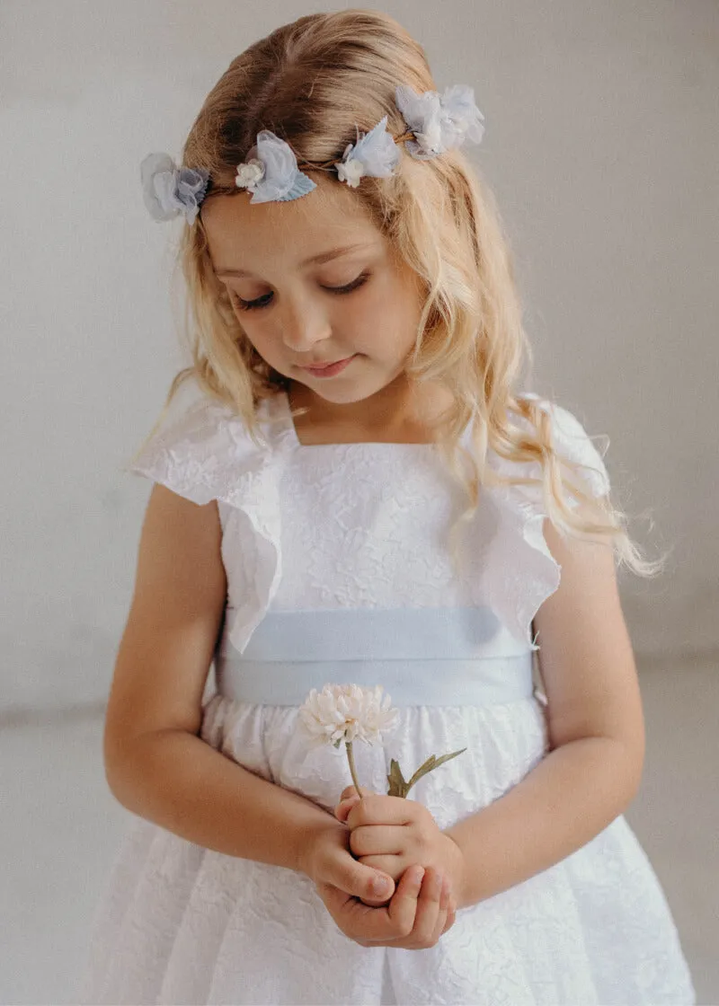 Ceremony Girls' Dress - White and Light Blue Brocade (Model 4908)