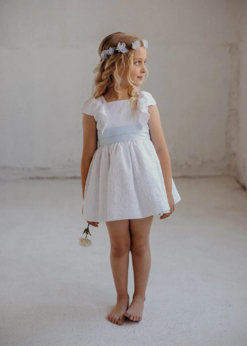 Ceremony Girls' Dress - White and Light Blue Brocade (Model 4908)