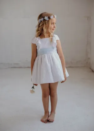 Ceremony Girls' Dress - White and Light Blue Brocade (Model 4908)