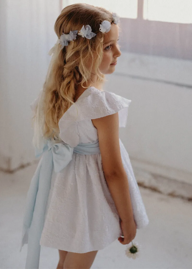 Ceremony Girls' Dress - White and Light Blue Brocade (Model 4908)