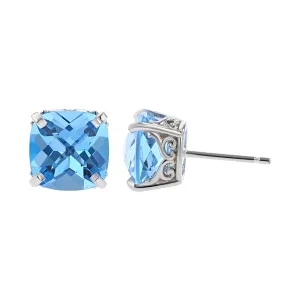 Checkerboard Cushion Blue Topaz Stud Earrings