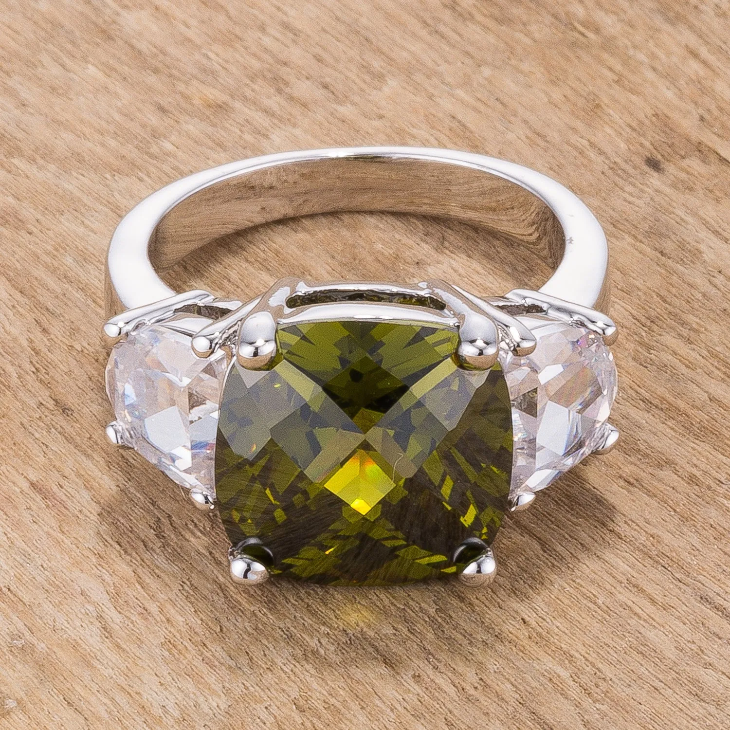 Clare Olive Three Stone Cocktail Silver Ring | 8ct