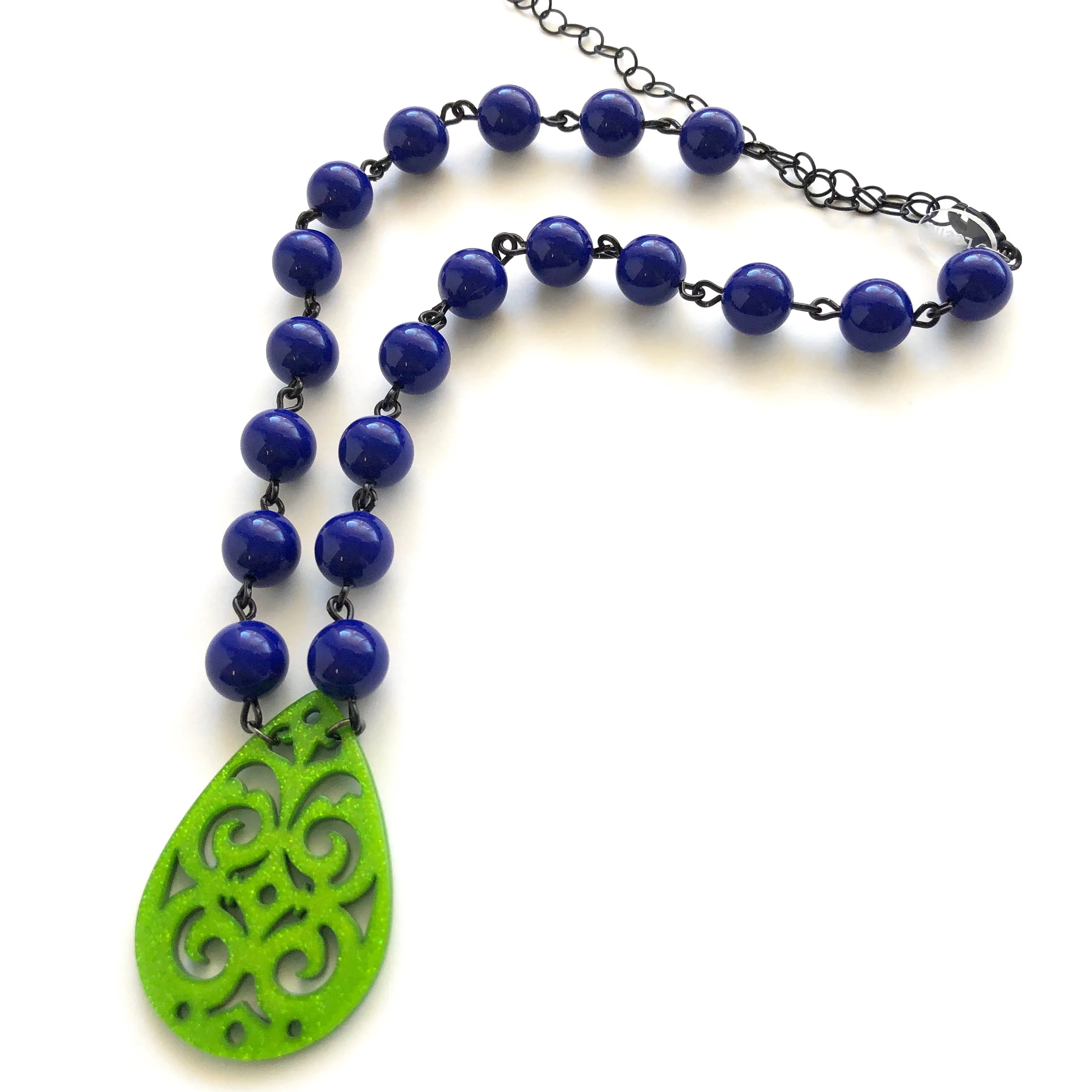 Cobalt Blue & Kelly Green Boho Lace Beaded Aleta Necklace