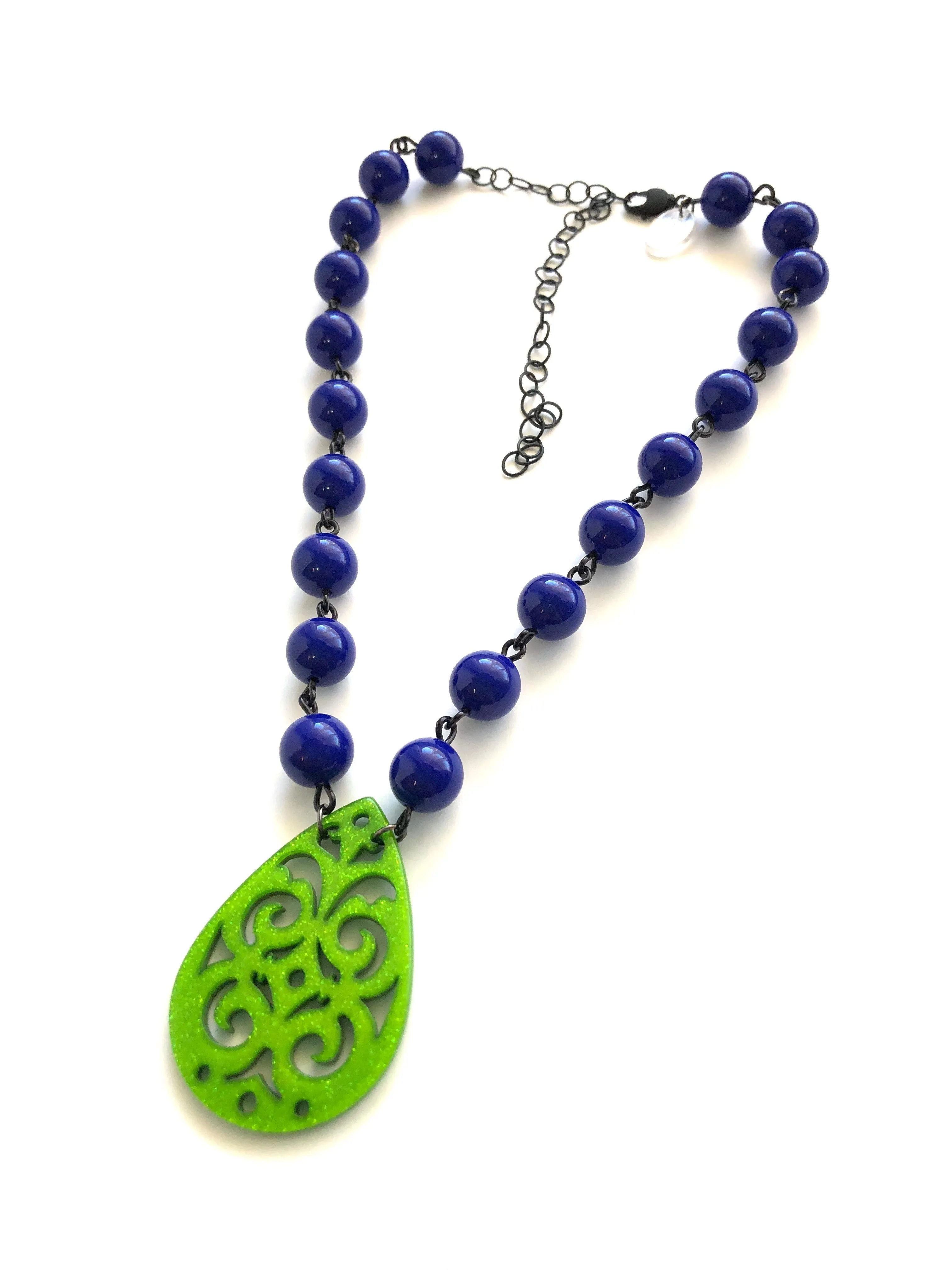 Cobalt Blue & Kelly Green Boho Lace Beaded Aleta Necklace