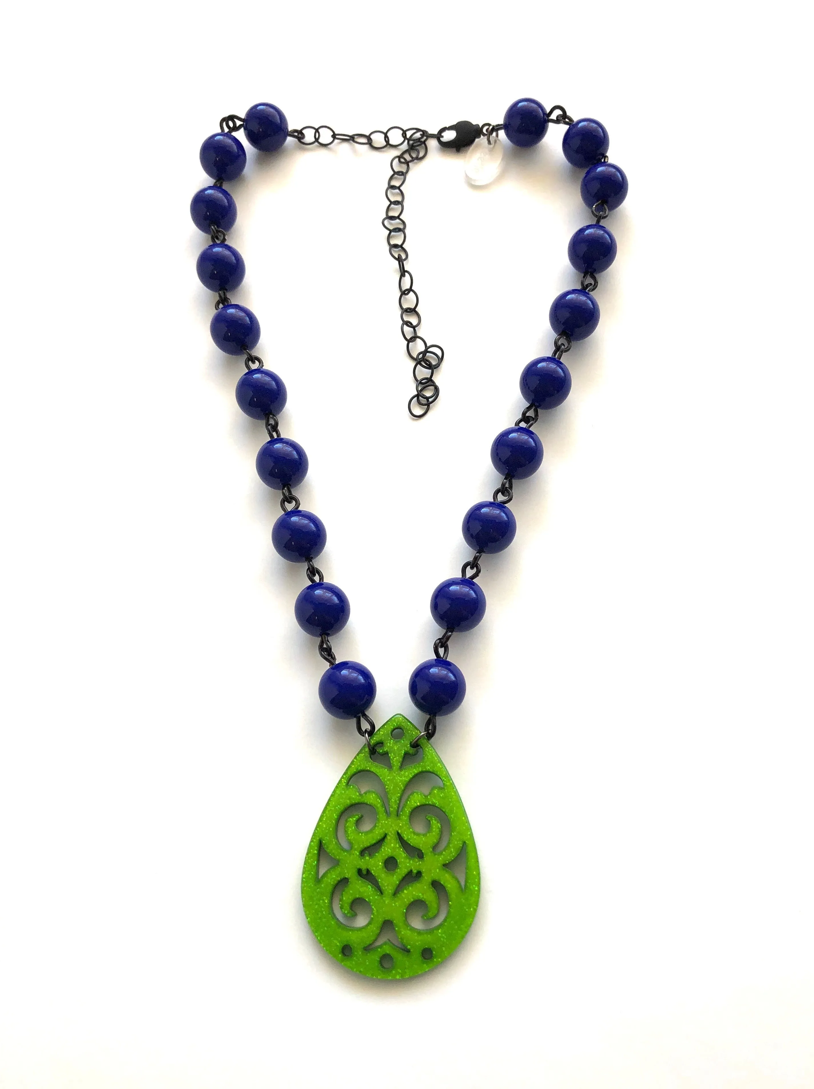 Cobalt Blue & Kelly Green Boho Lace Beaded Aleta Necklace