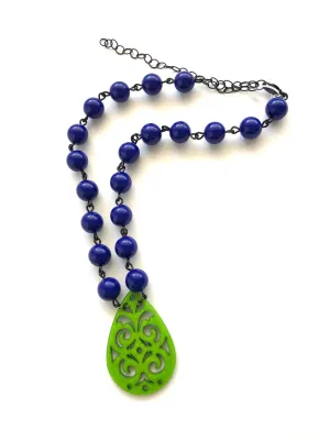 Cobalt Blue & Kelly Green Boho Lace Beaded Aleta Necklace