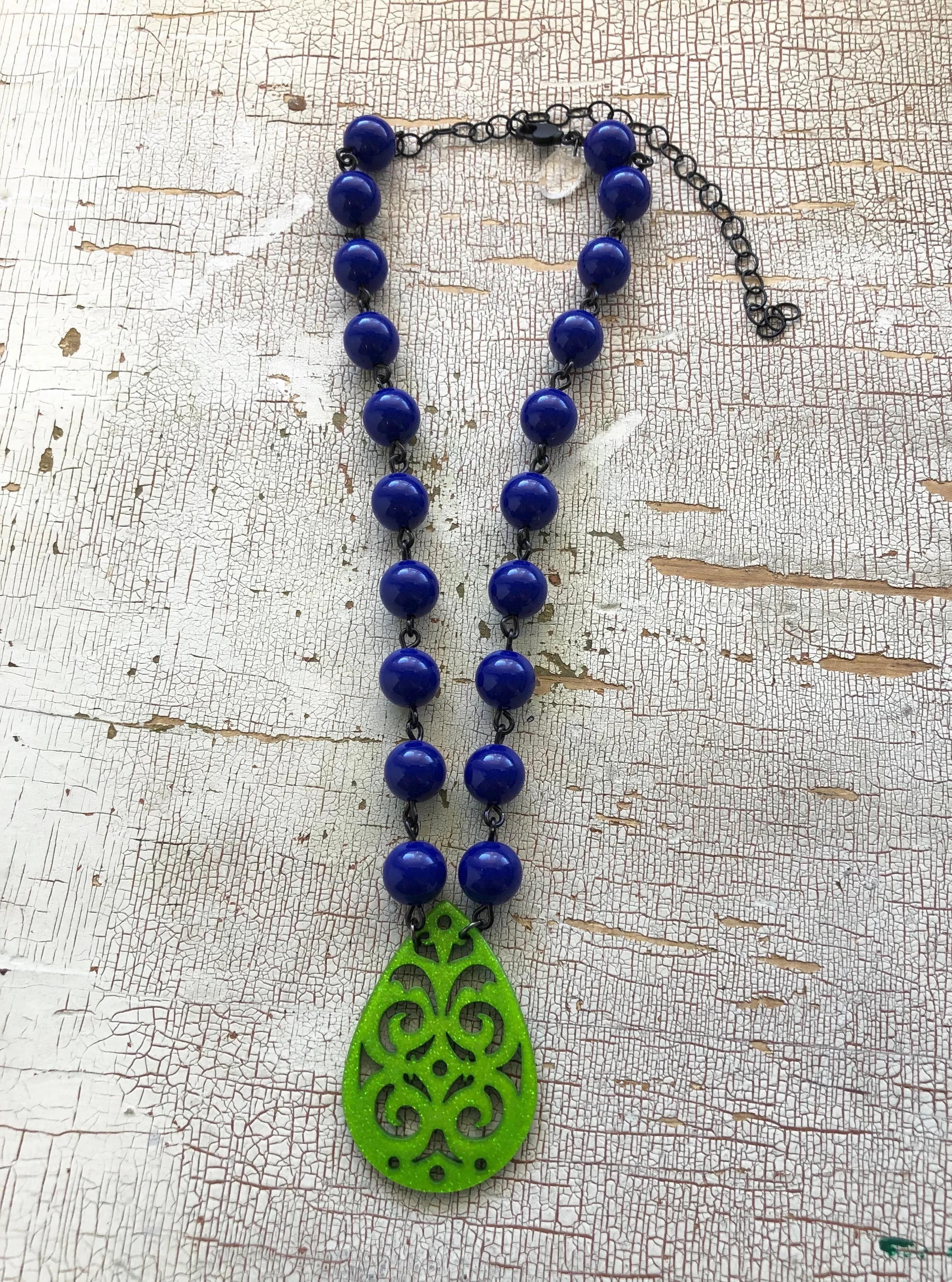 Cobalt Blue & Kelly Green Boho Lace Beaded Aleta Necklace