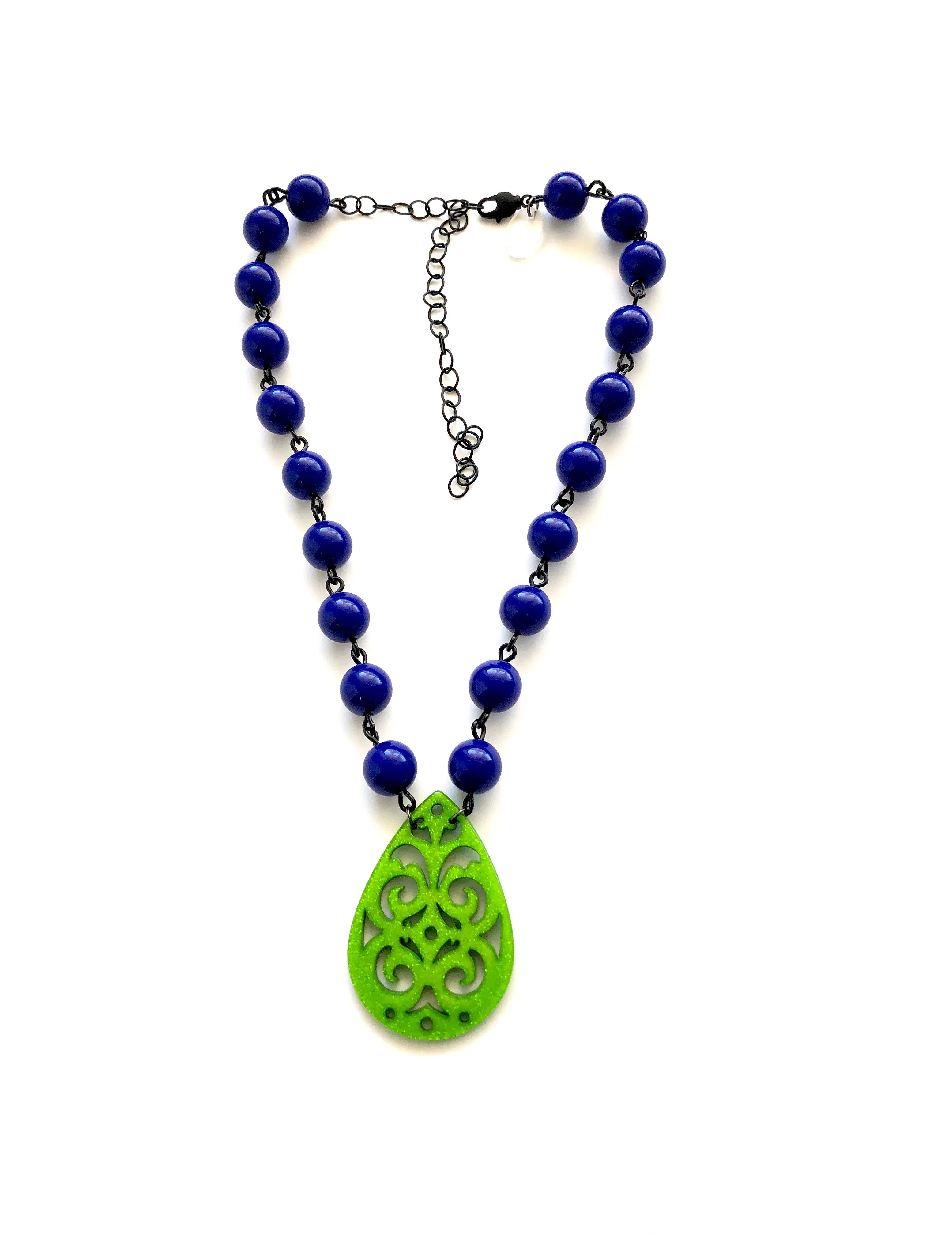 Cobalt Blue & Kelly Green Boho Lace Beaded Aleta Necklace